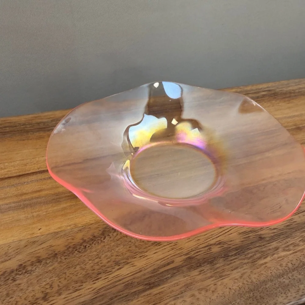 Vintage Pink Iridescent Glass Scalloped Ruffle Bowl Luster Finish 7.5